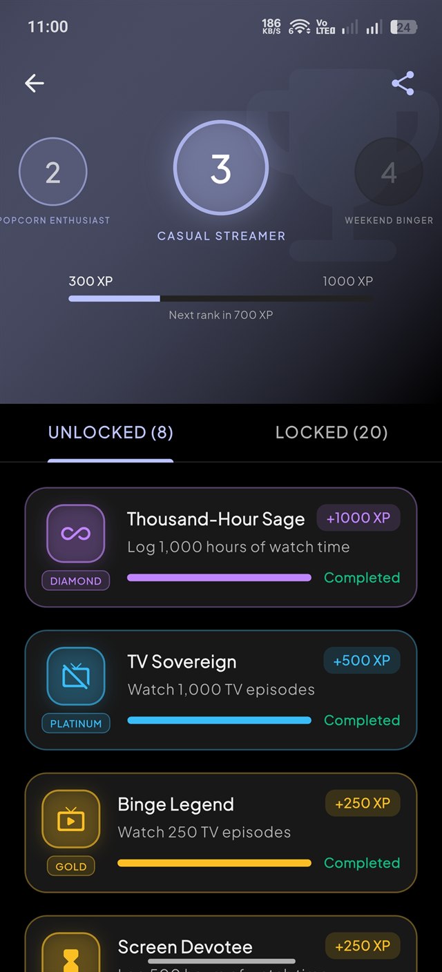 Odyssey Achievements Screen with unlocked badges and XP
