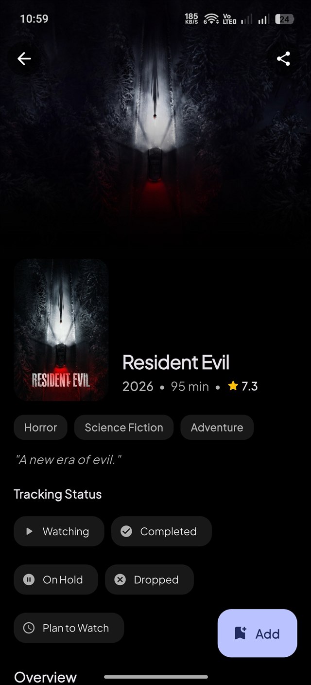 Odyssey Movie Details Screen with status tracking buttons
