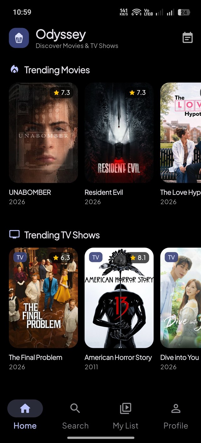 Odyssey Home Screen showing Trending Movies and TV Shows