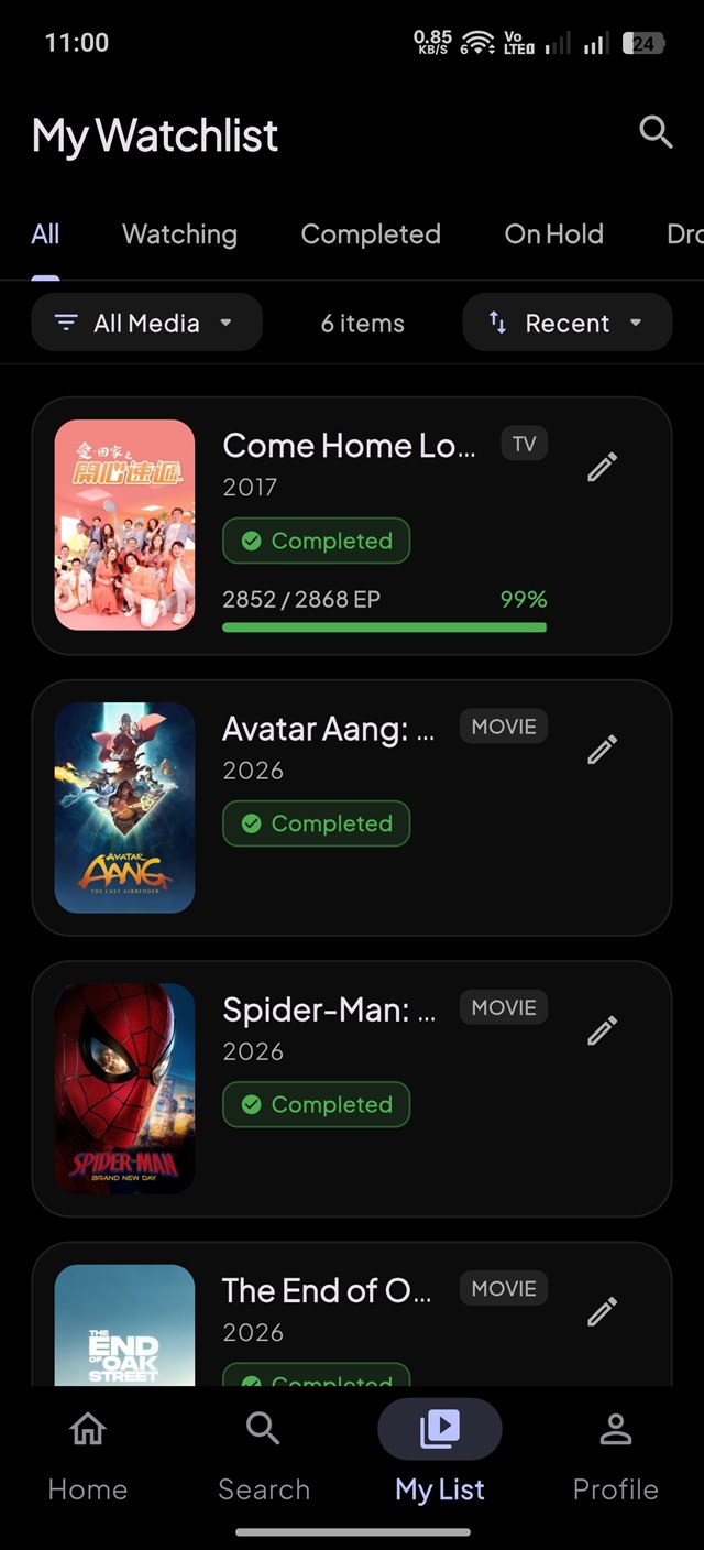 Odyssey Watchlist Screen with season and episode progress